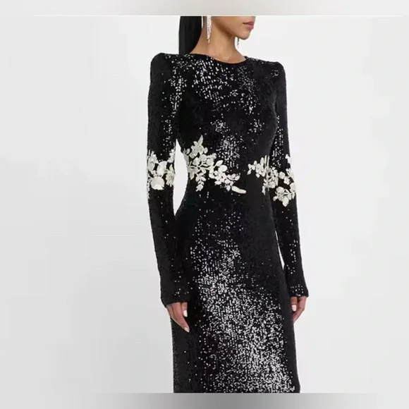 Retail $398 Rose and Lily Black Sequin Dress with Floral Accents - Picture 2 of 11